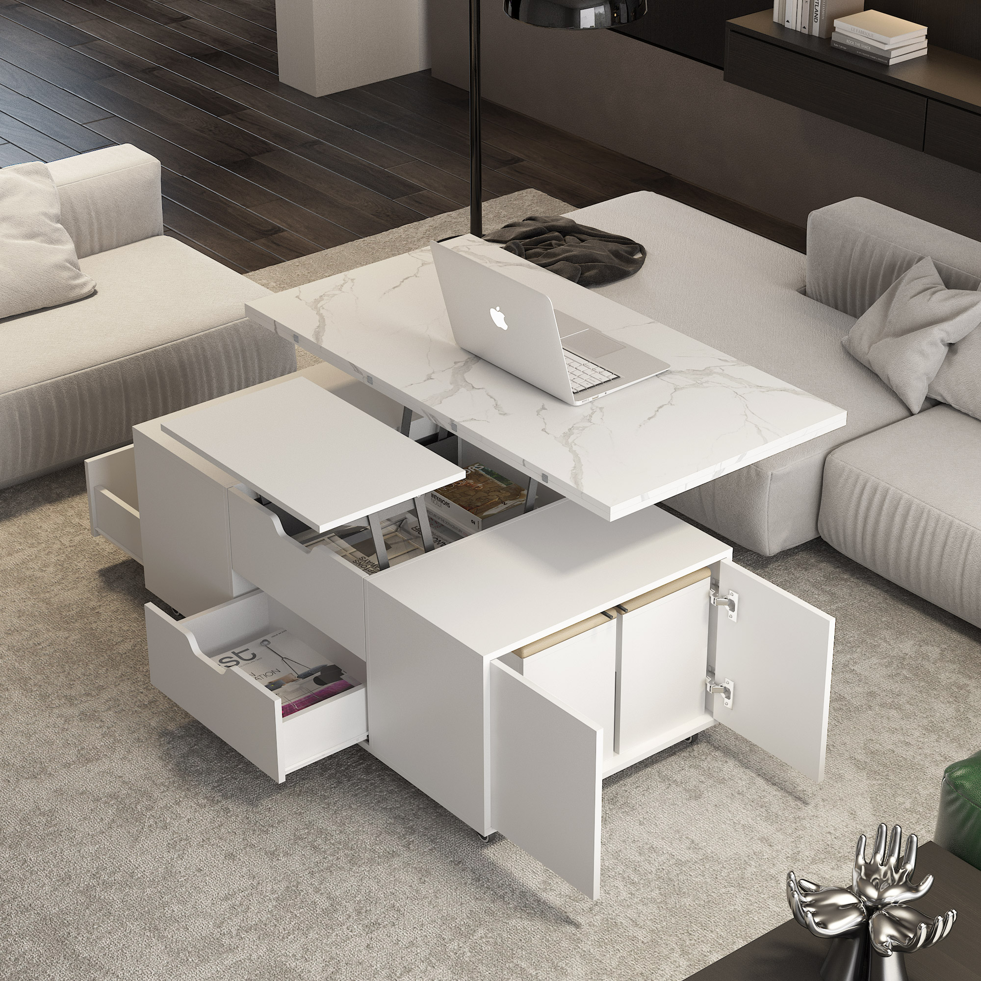 Modern Lift-Up Coffee Table With 2 Stools Set For Living Room Expandable Hidden Storage   Drawers Space Saving Folding Dining Table