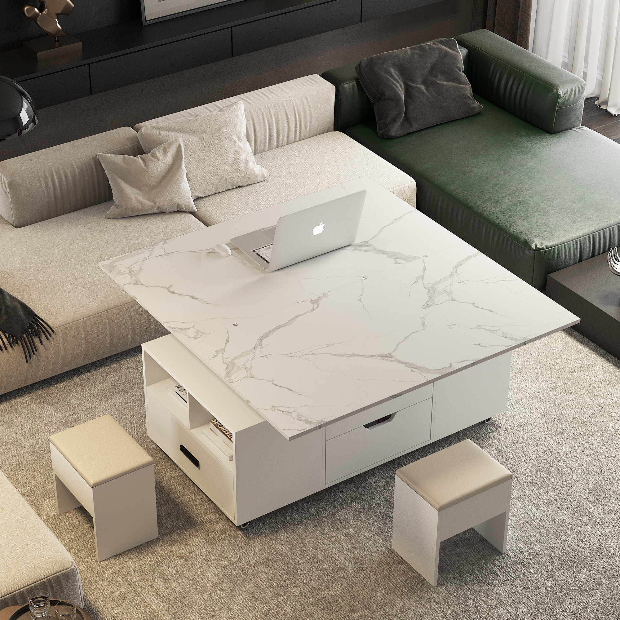 Modern Lift-Up Coffee Table With 2 Stools Set For Living Room Expandable Hidden Storage   Drawers Space Saving Folding Dining Table