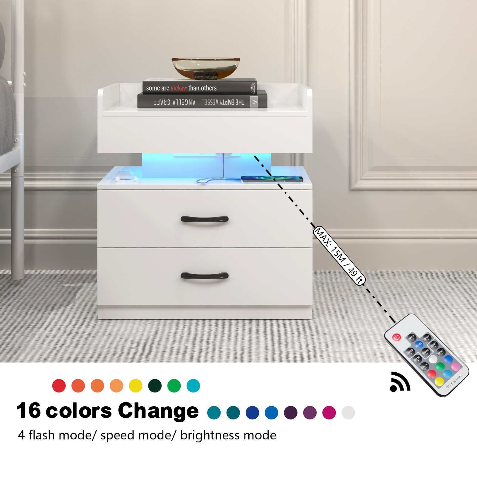 1 Set Nightstand With Adjustable LED Strip Light, 2-drawers, Large Storage Space, Suitable For Bedside Table, Coffee Table, Sofa Side Table Or End Table For Study Desk