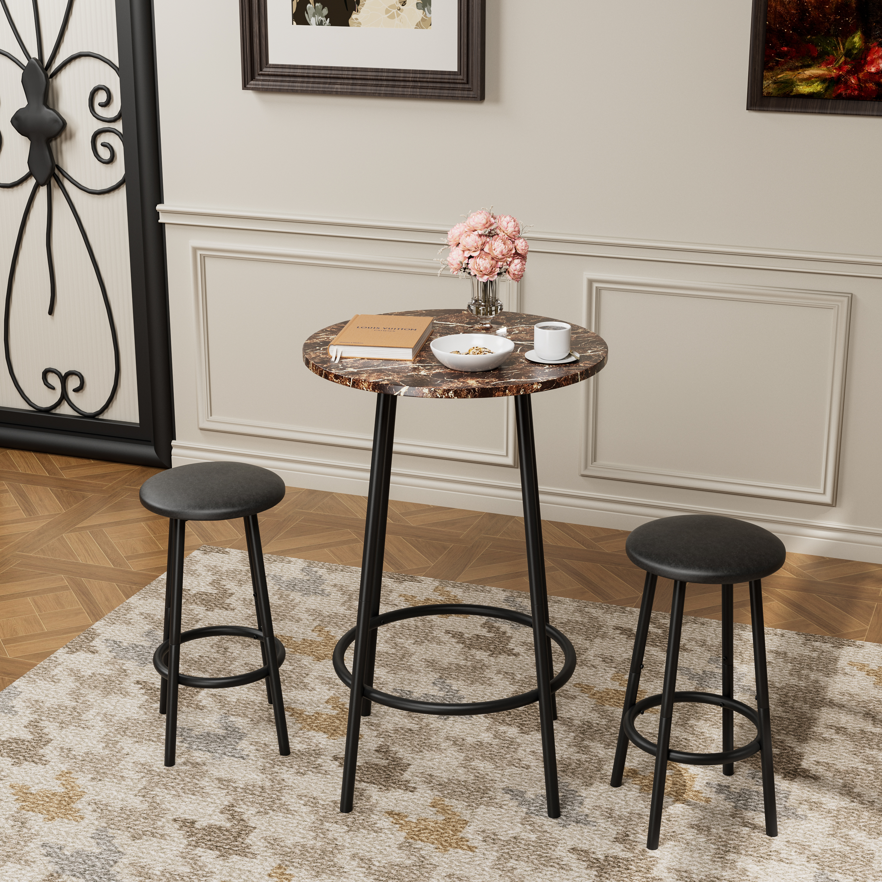 3-Piece Bar Table Set With 2 Bar Stools Modern Pub Table_voghion.com
