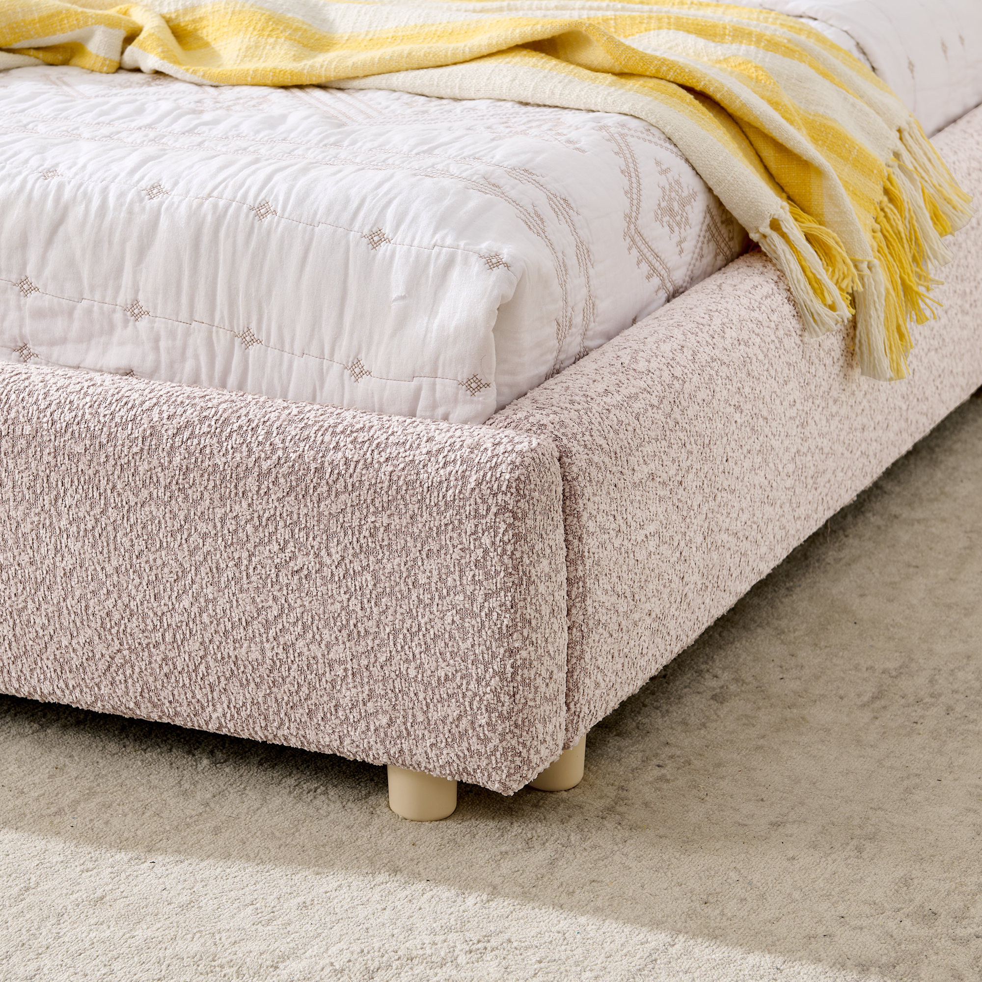 King Size Upholstered Bed Frame, Modern Minimalist Style With Tall Curved Headboard, Premium Circle Yarn Fabric & Sturdy Leg Support, Mattress Not Included-Pink