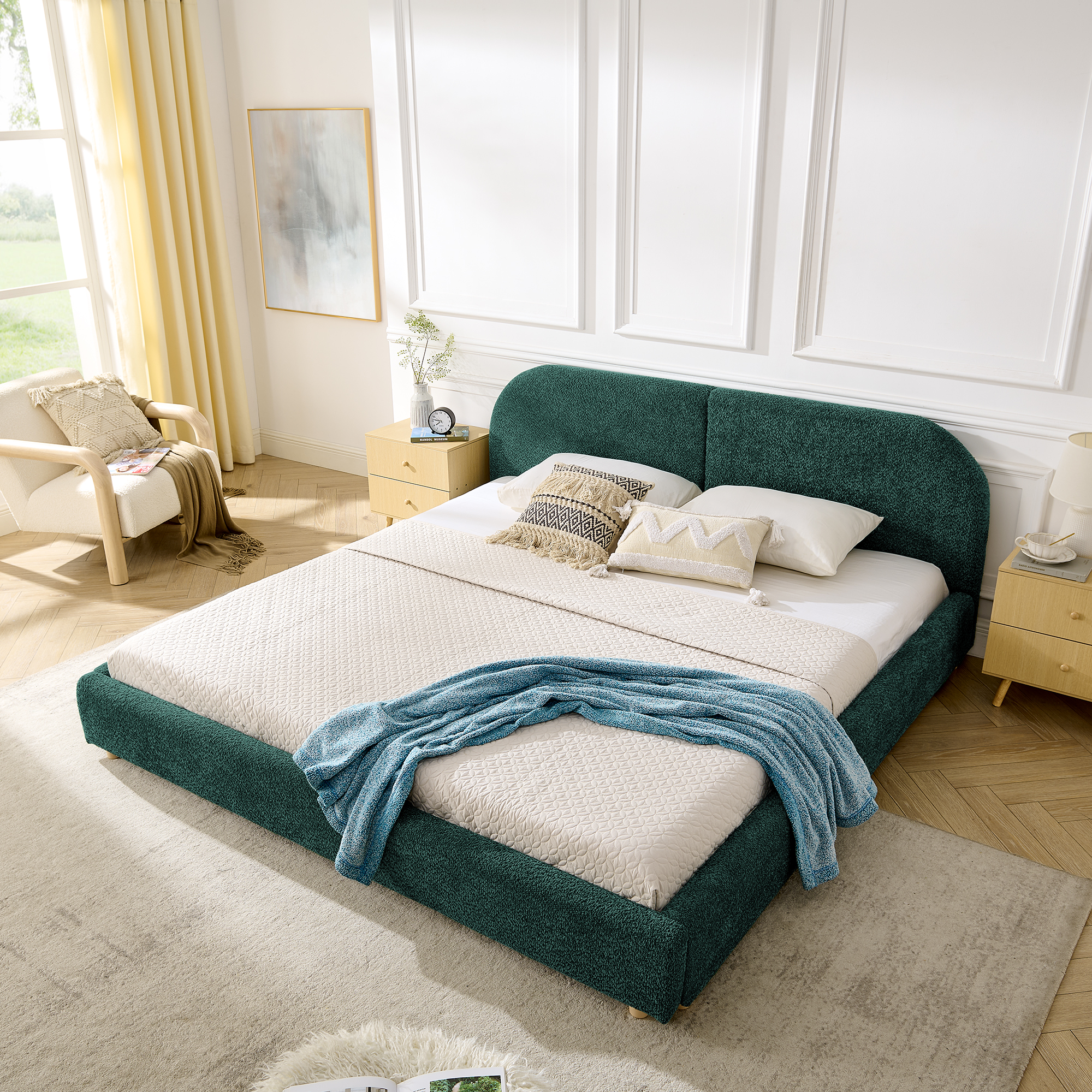 King Size Upholstered Bed Frame, Modern Minimalist Style With Tall Curved Headboard, Premium Circle Yarn Fabric & Sturdy Leg Support, Mattress Not Included-Green