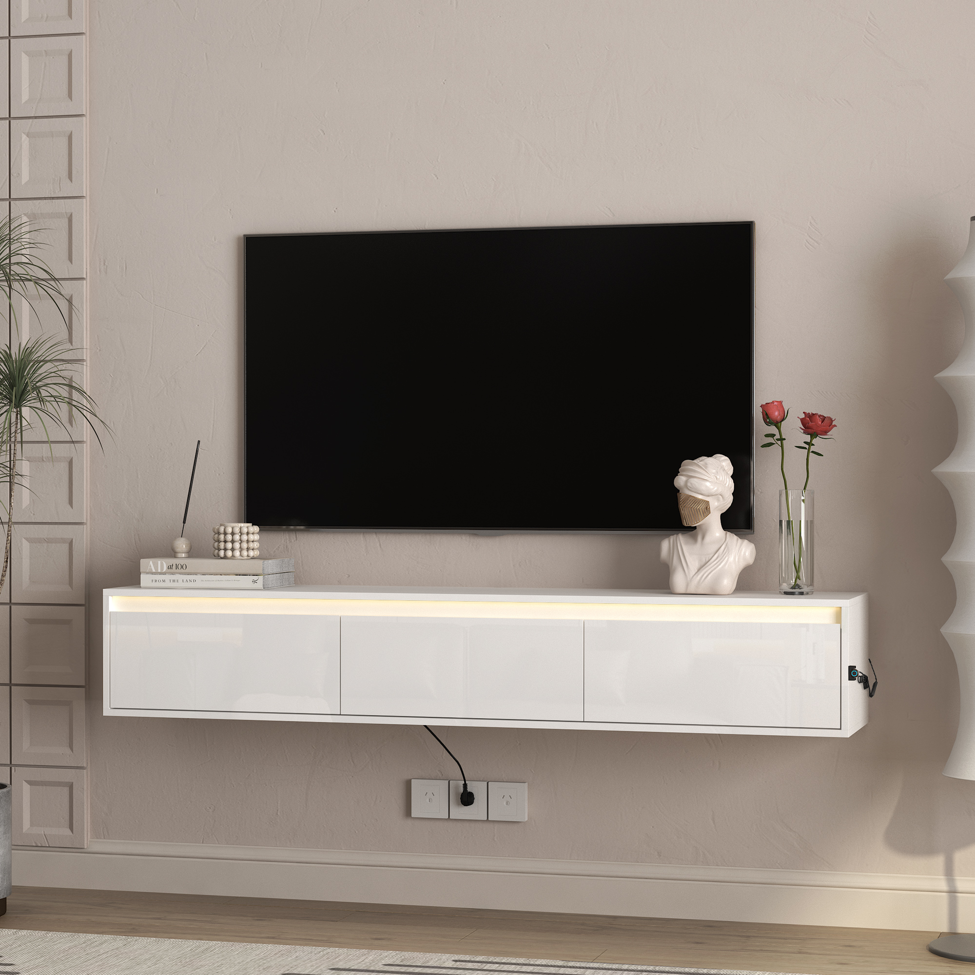 High Gloss Suspended Tv Cabinet Wall Mounted Floating Tv Shelf_voghion.com