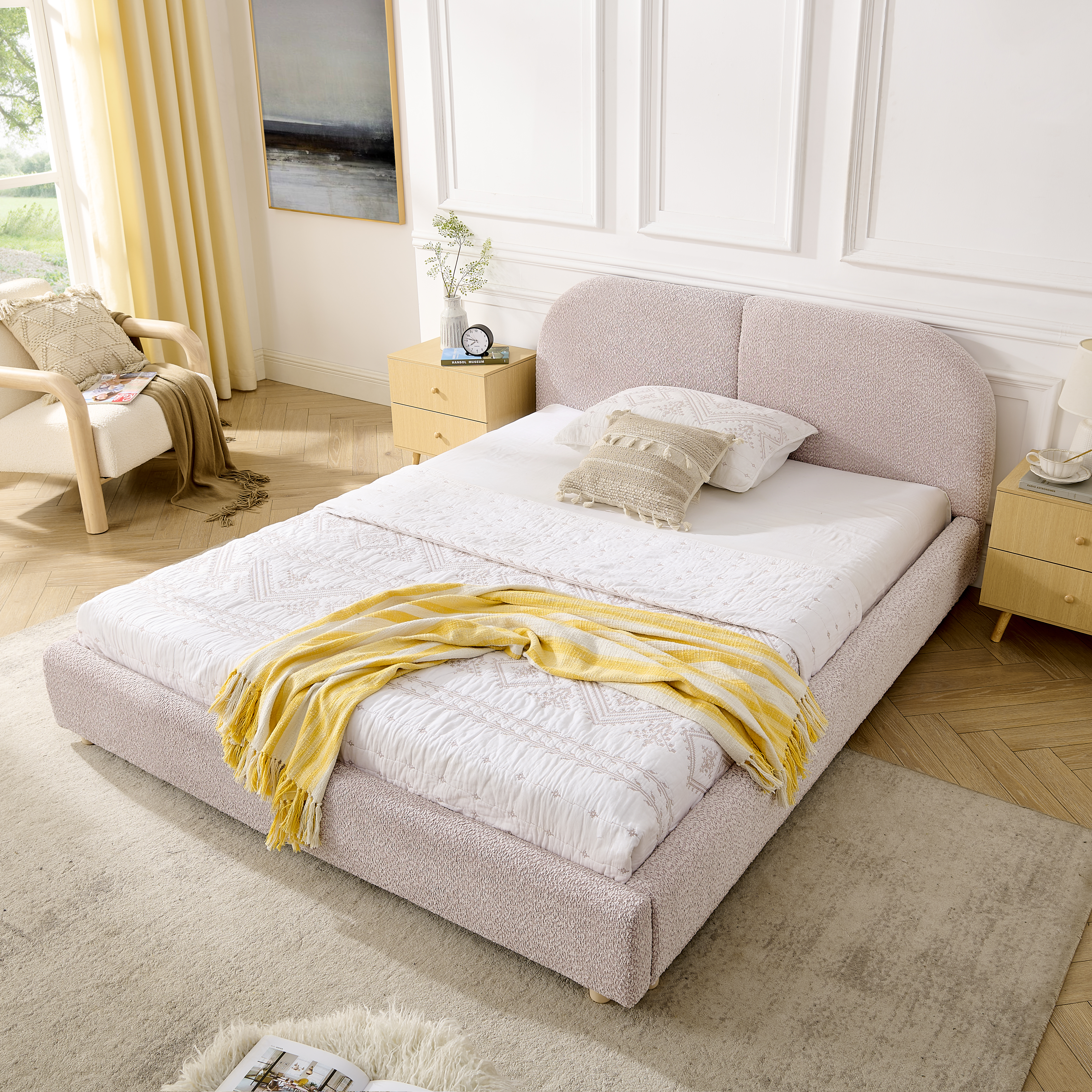 Queen Size Upholstered Bed Frame, Modern Minimalist Style With Tall Curved Headboard, Premium Circle Yarn Fabric & Sturdy Leg Support, Mattress Not Included-Pink