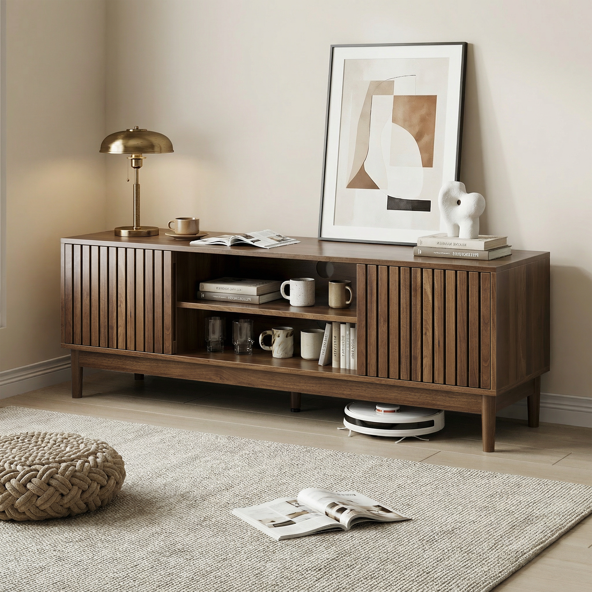 55-inch TV Stand, Mid-century Modern Style TV Stand Suitable For 55 65-inch TVs, Entertainment Center With Storage Space, Media Console For Living Room And Bedroom, Walnut Wood Color