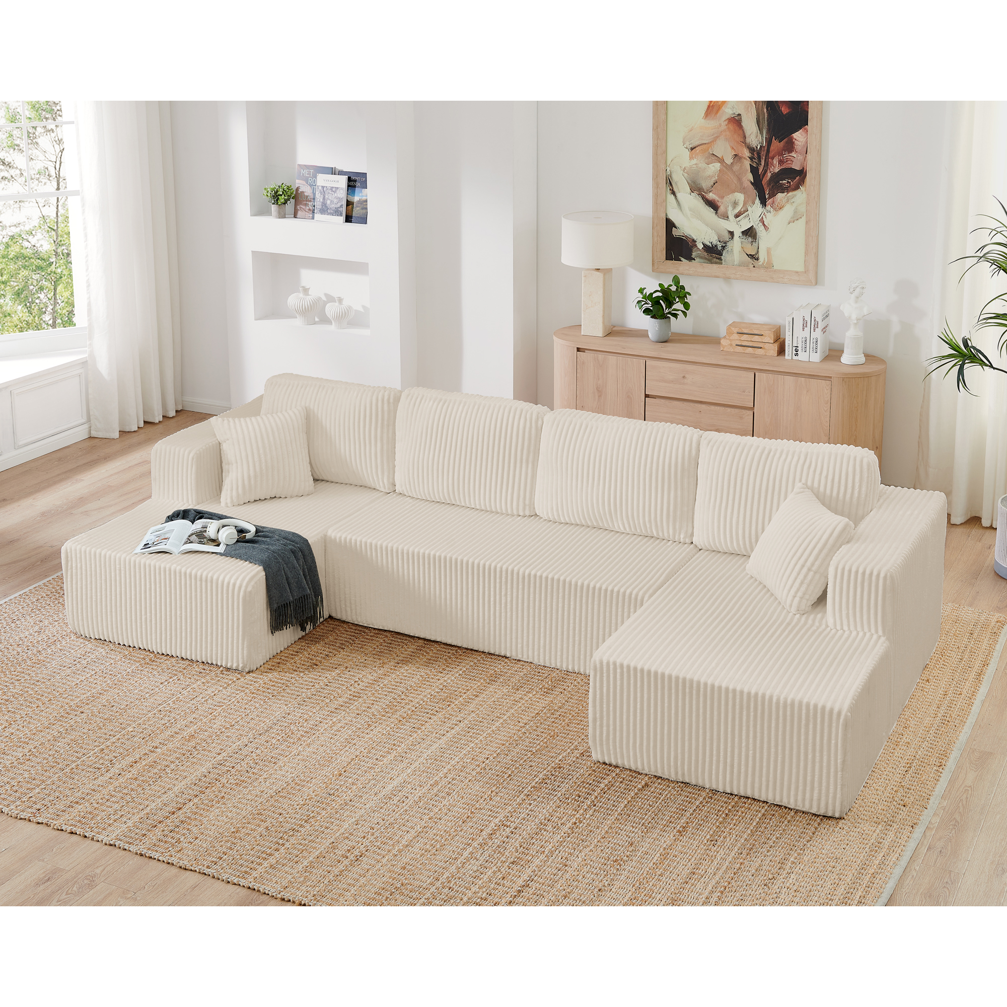 U Shape Modular Sectional Sofa, Compressed Sectional Sofa Modern Minimalist Style Corduroy Couch, Sleeper Sofa For Living Room, Bedroom, Comfy Compressed Sofa Couch Space-Efficient Design-beige