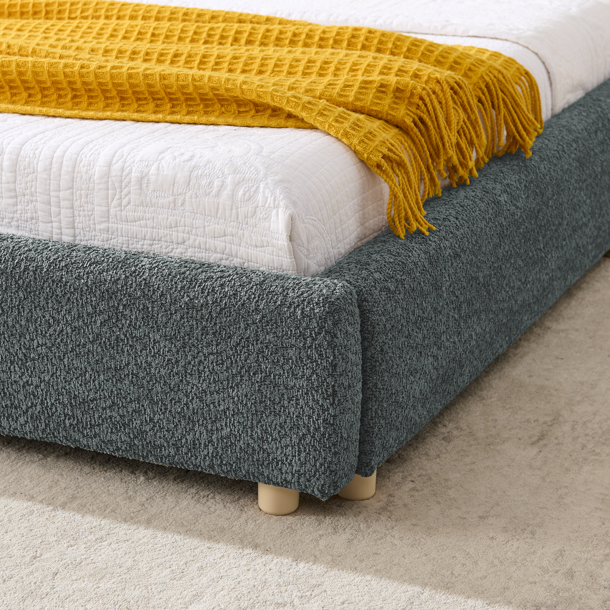 King Size Upholstered Bed Frame, Modern Minimalist Style With Tall Curved Headboard, Premium Circle Yarn Fabric & Sturdy Leg Support, Mattress Not Included-Dark Gray