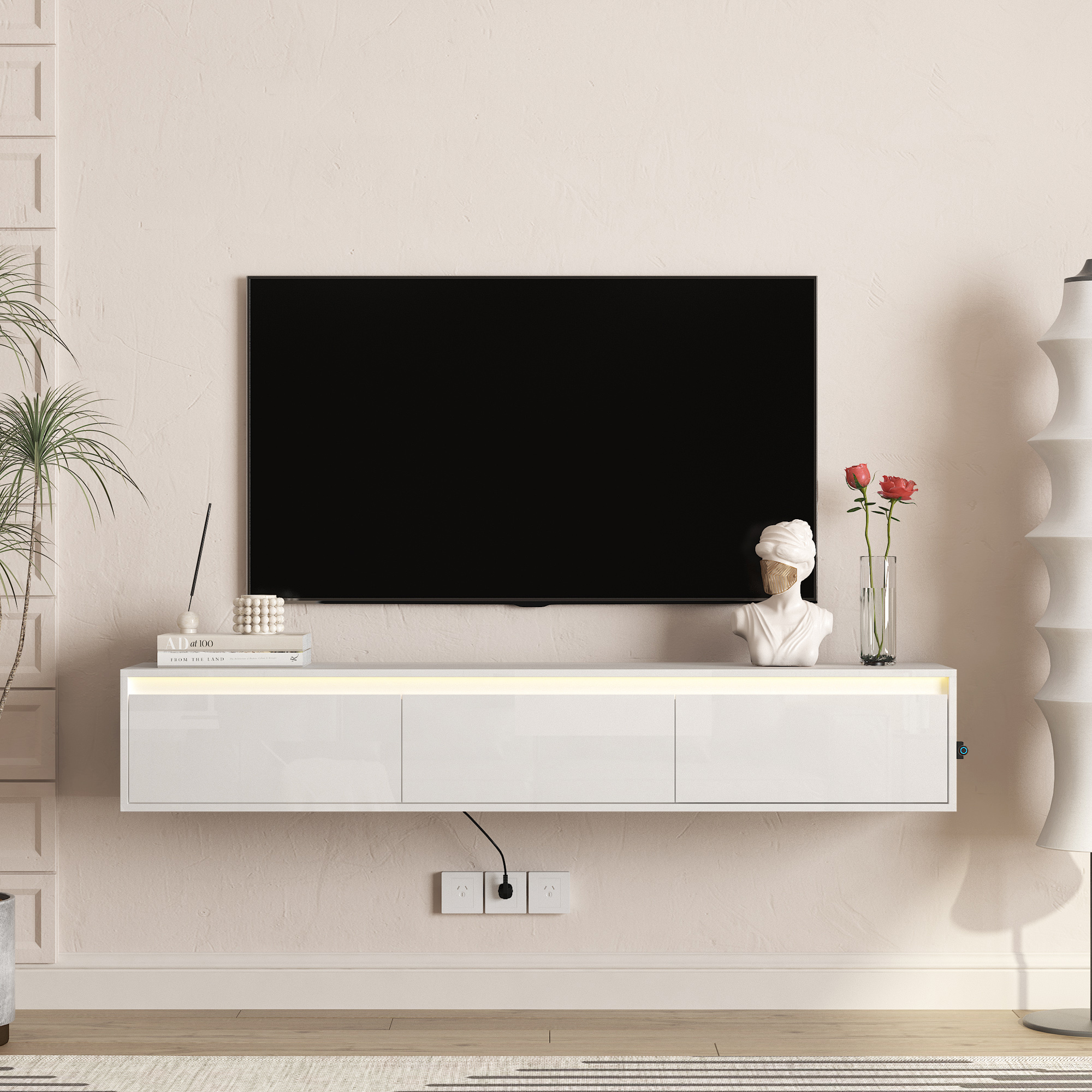 High-gloss Suspended TV Cabinet. Wall Mounted TV Shelf With Led Lights & Power Outlet,H Cabinet For White Tv Stands For Living Room_voghion.com