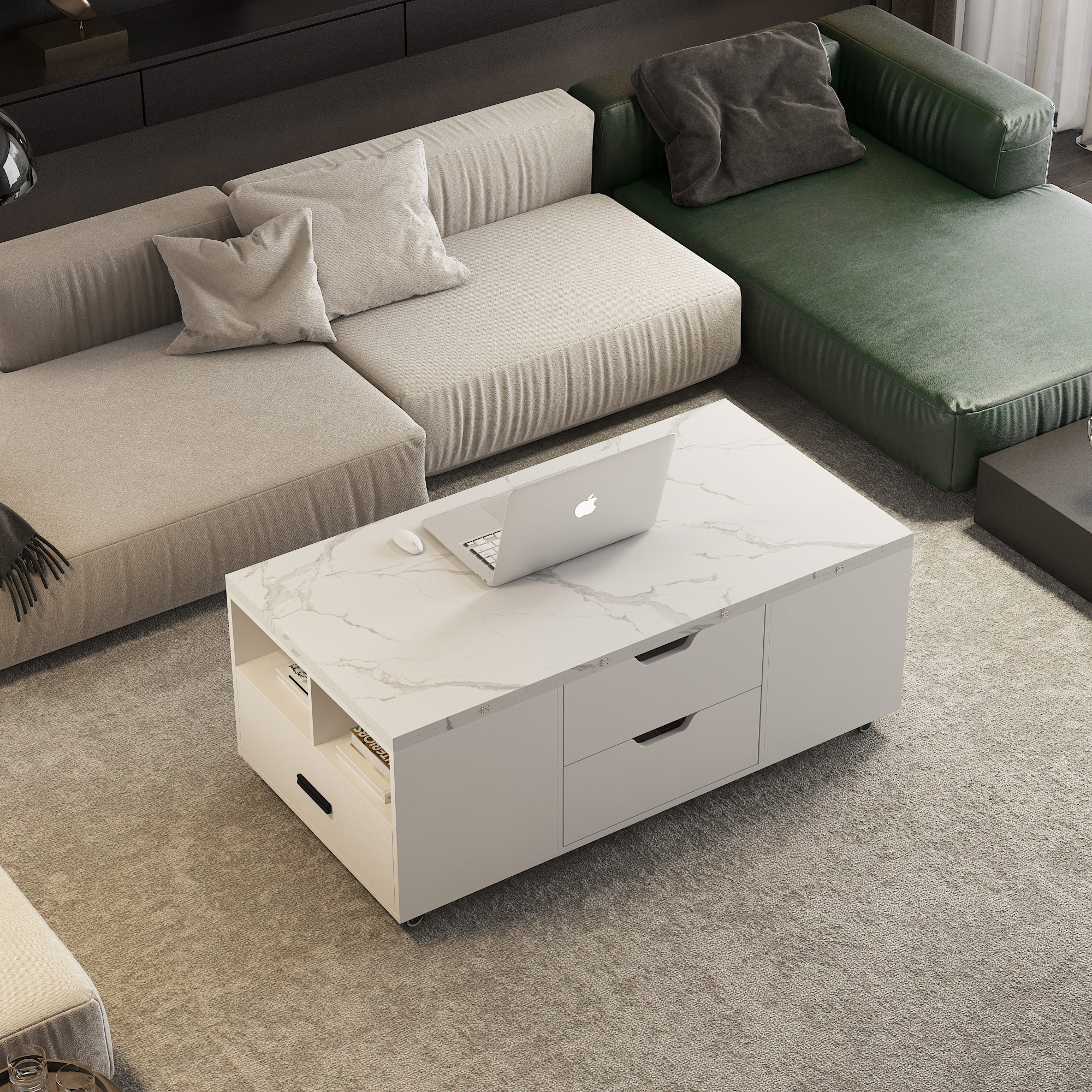 Modern Lift-Up Coffee Table With 2 Stools Set For Living Room Expandable Hidden Storage   Drawers Space Saving Folding Dining Table