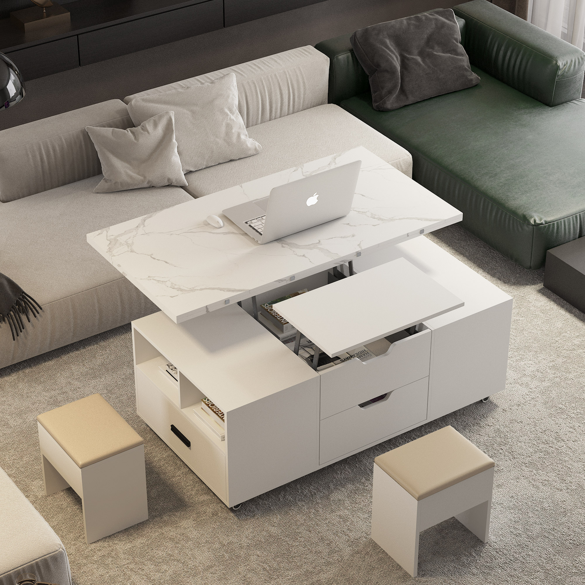Modern Lift-Up Coffee Table With 2 Stools Set For Living Room Expandable Hidden Storage   Drawers Space Saving Folding Dining Table
