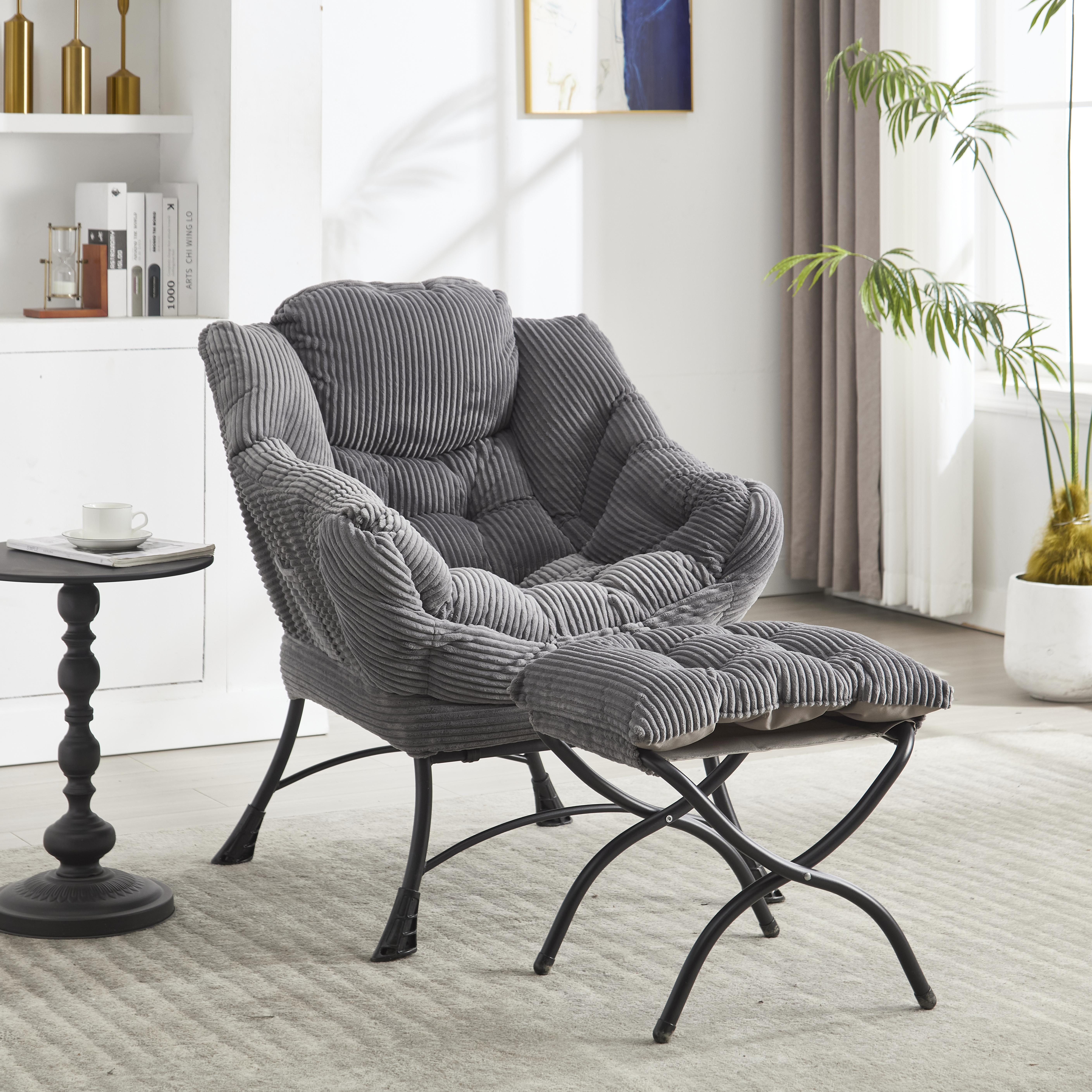 Lazy Chair With Ottoman, Modern Lounge Accent Chair With Armrests And A Side Pocket, Leisure Upholstered Sofa Chair Reading Chair With Footrest For Small Space, Corner Chair-Grey