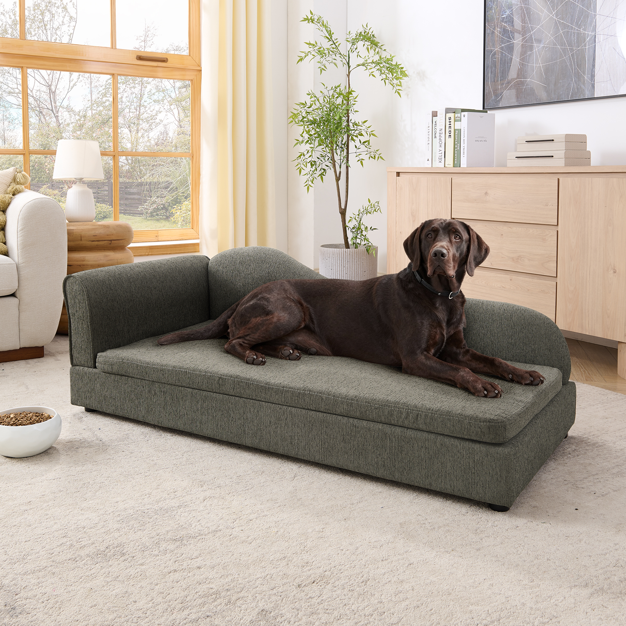 Oversized Pet Sofa For Medium Large Dogs - Modern Irregular Wave Backrest, Single Armrest, Premium Breathable Linen Fabric, Soft Cushion & Low Plastic Feet-DARK GREY