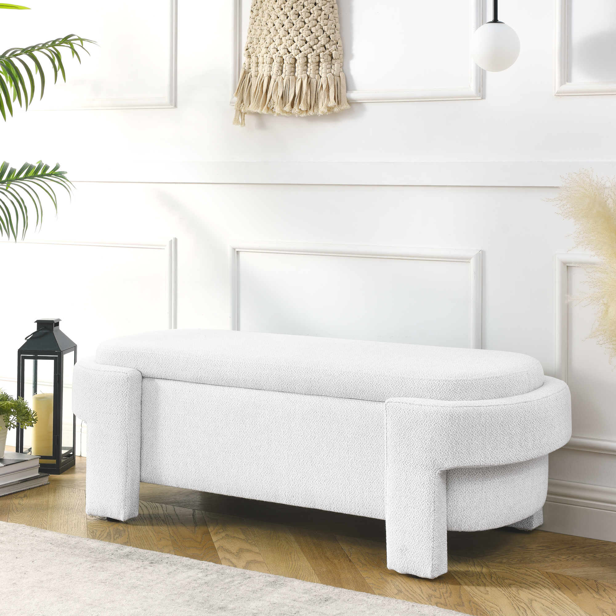 Linen Fabric Upholstered Bench With Large Storage Space For The Living Room, Entryway And Bedroom,White, 51.5 X20.5 X17