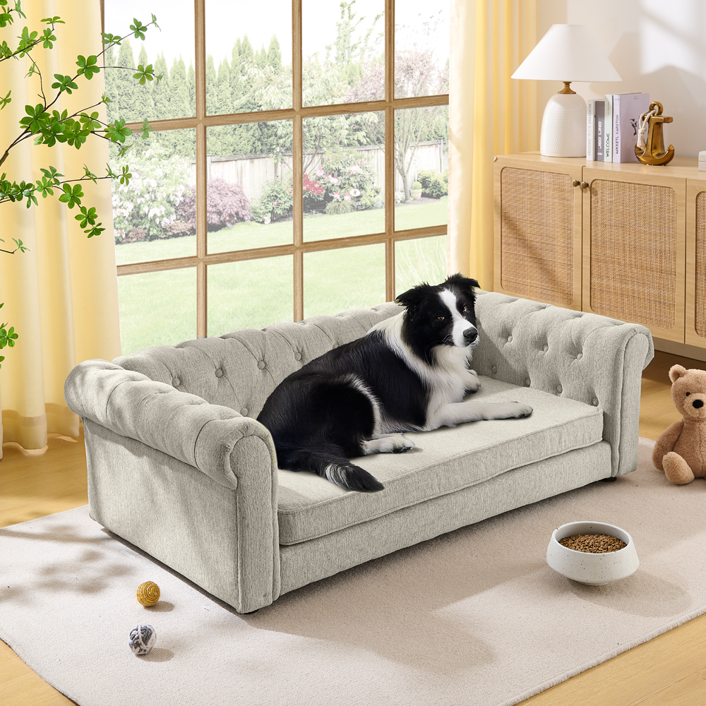 Elegant Rectangular Pet Bed For Big And Oversized Dogs, Durable Elevated Dog Sofa Bed, Comfortable Dog Sofa, Modern And Fashionable Linen Fabric Dog Sofa-Beige