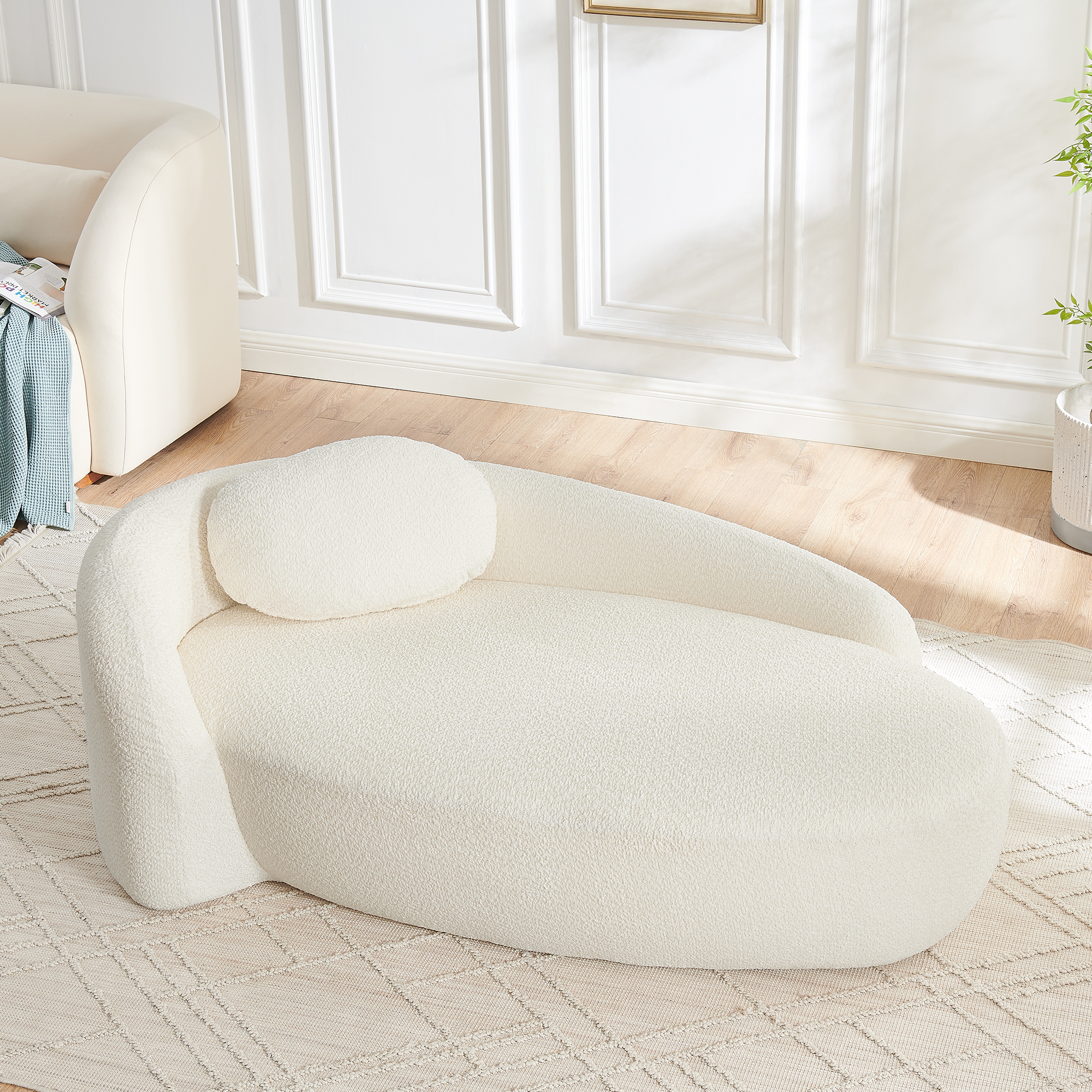 Modern Oval Single Lazy Sofa Chair With Integrated Backrest, Side Armrest And Pillow, Compact Space-Saving Lounge Chair For Living Room Bedroom-Beige