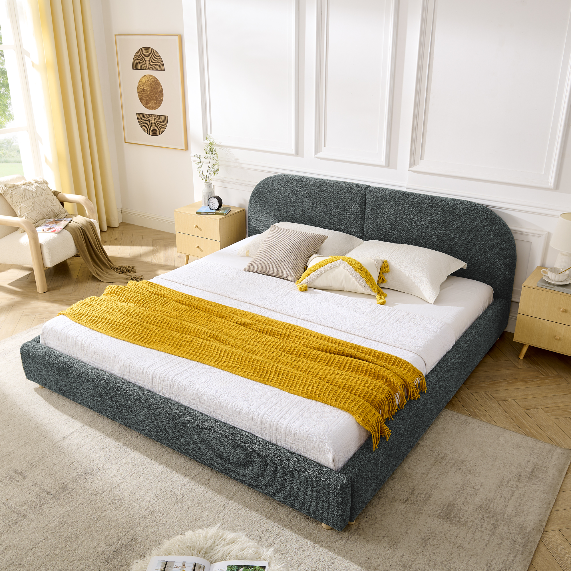 King Size Upholstered Bed Frame, Modern Minimalist Style With Tall Curved Headboard, Premium Circle Yarn Fabric & Sturdy Leg Support, Mattress Not Included-Dark Gray