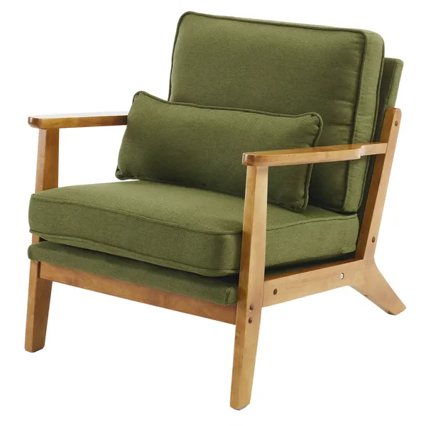 Mid-Century Oak Accent Chair – Linen-Cotton Forest Green Upholstered Single Lounge Chair, Indoor Armchair With Sturdy Wood Frame – 330LBS Weight Capacity