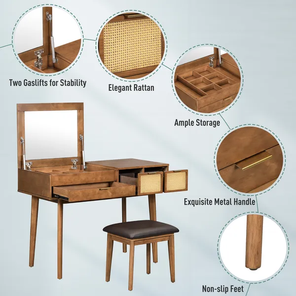 43.3' Classic Wood Makeup Vanity Set With Flip-top Mirror And Stool, Dressing Table With Three Drawers And Storage Space, Brown