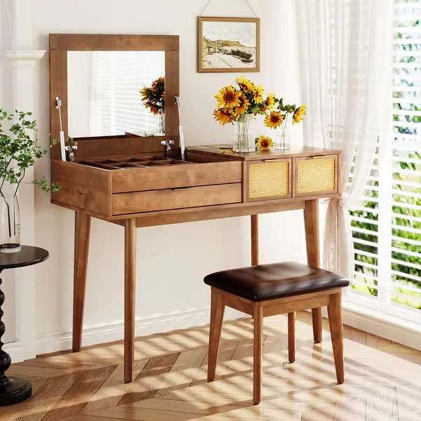 43.3' Classic Wood Makeup Vanity Set With Flip-top Mirror And Stool, Dressing Table With Three Drawers And Storage Space, Brown