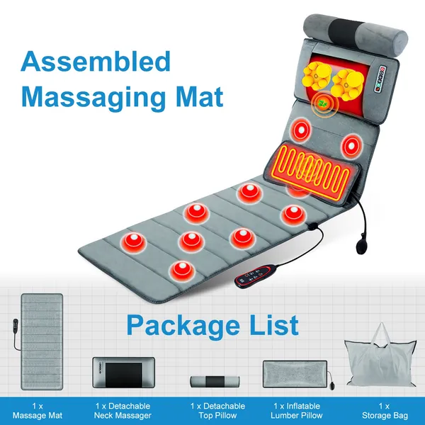 Vibration Massage Mat Full Body & Neck Kneading Massager - 20 Nodes, 3 Massage Modes&Speeds, 9 Vibration Settings, 3-Level Lumbar Heat, Inflatable Waist Pillow - Perfect Gift For Family