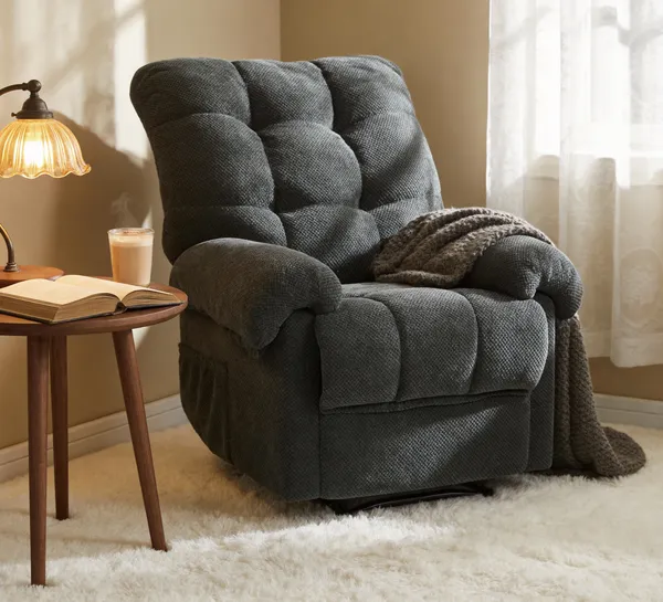Dark Gray Recliner Chair, Overstuffed Armchair, Manual Recliner, Living Room Seating, Reading Chair, Padded Footrest, Home Theater Seating, Ergonomic Lounge Chair, Soft Fabric Recliner, Furniture.