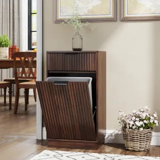 10-Gallon Woodgrain Tilt-Out Trash Can Cabinet Wooden Garbage Recycling Cabinet With Wave-Textured Hideaway Drawer&Pull-Out Bin-Multipurpose Kitchen&Bath Organizer In Walnut Finish