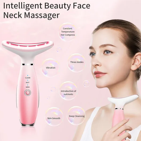 Neck Face Massager, Skin Care Face Massage Tool, 3-in-1 Facial Massager, Face Sculpting Tool With Thermals, Vibration-Pink