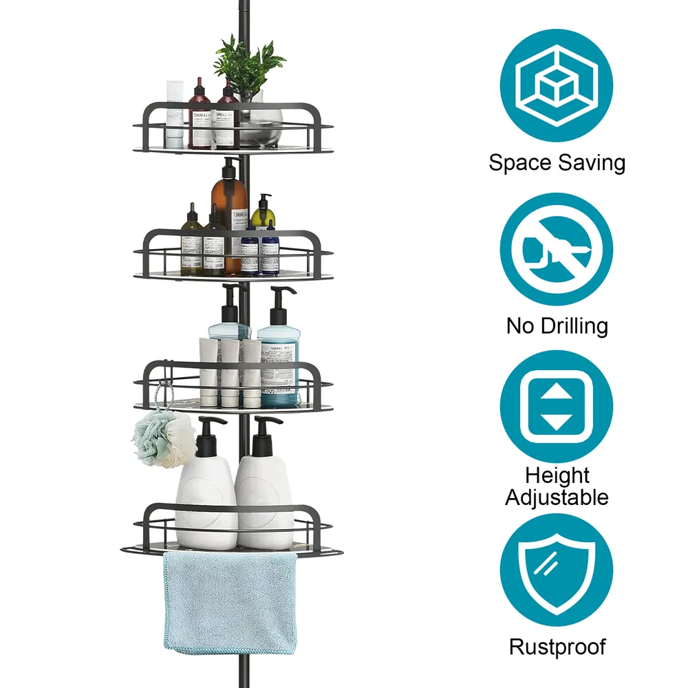 Corner Shower Caddy Tension Pole, Quick Setup, Rust-Free Bathroom Shower Organizer Corner For Bathtub Shampoo Storage, 4-Tier Adjustable Shelf, Drill Free, Fits 8.66 To 116 Inch Height, Black
