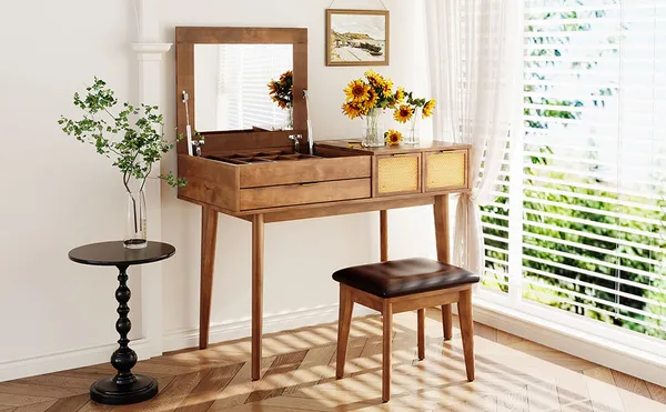 43.3' Classic Wood Makeup Vanity Set With Flip-top Mirror And Stool, Dressing Table With Three Drawers And Storage Space, Brown