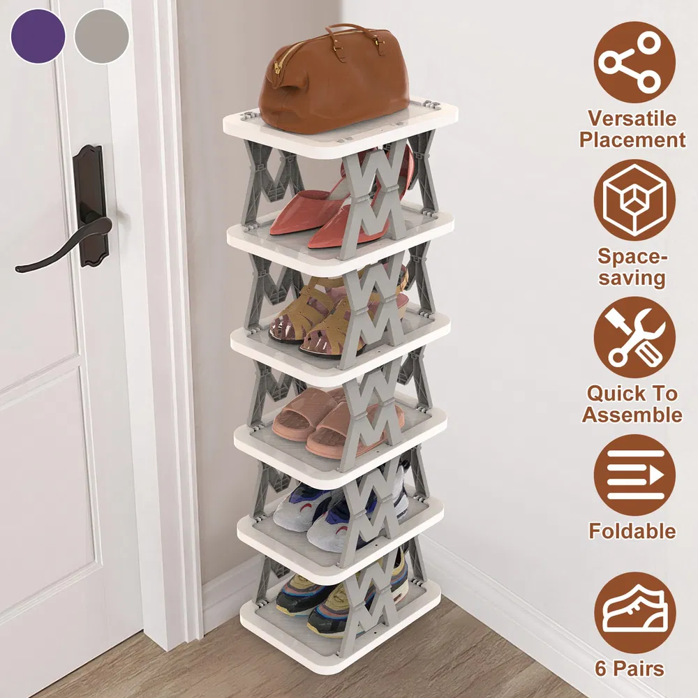6 Tier Foldable Shoe Rack Vertical Shoe Organizer Narrow Shoe Rack For Small Spaces Space Saving Free Standing For Corner Entryway Hallway Bedroom
