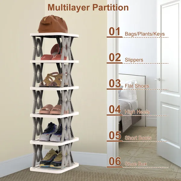 6 Tier Foldable Shoe Rack Vertical Shoe Organizer Narrow Shoe Rack For Small Spaces Space Saving Free Standing For Corner Entryway Hallway Bedroom