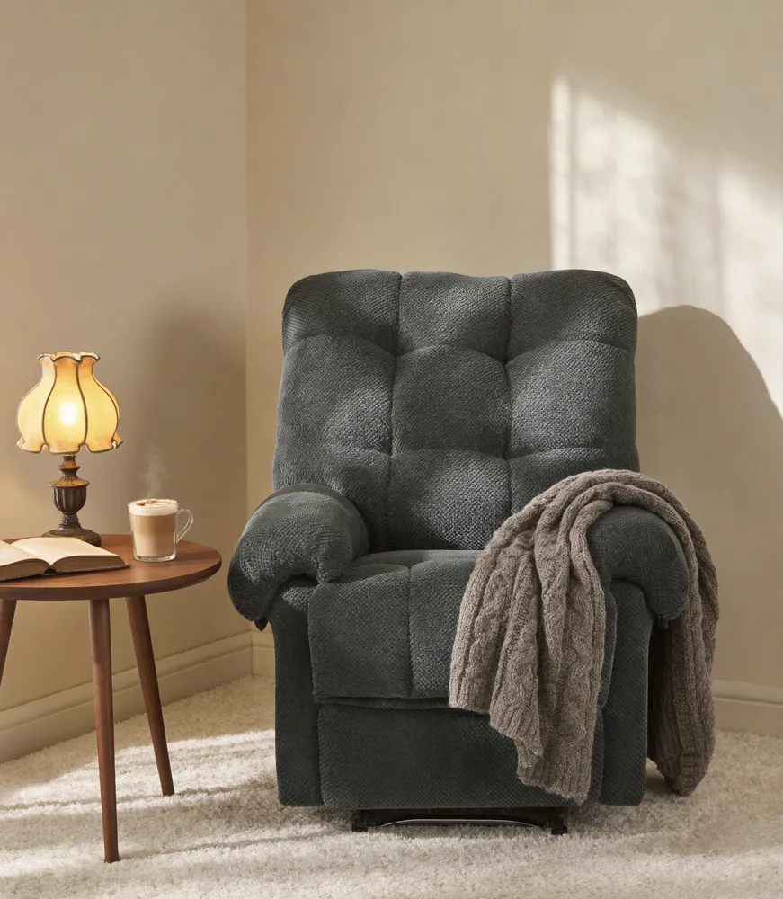 Dark Gray Recliner Chair, Overstuffed Armchair, Manual Recliner, Living Room Seating, Reading Chair, Padded Footrest, Home Theater Seating, Ergonomic Lounge Chair, Soft Fabric Recliner, Furniture.