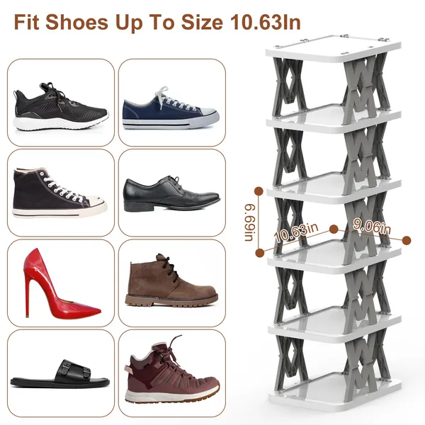 6 Tier Foldable Shoe Rack Vertical Shoe Organizer Narrow Shoe Rack For Small Spaces Space Saving Free Standing For Corner Entryway Hallway Bedroom