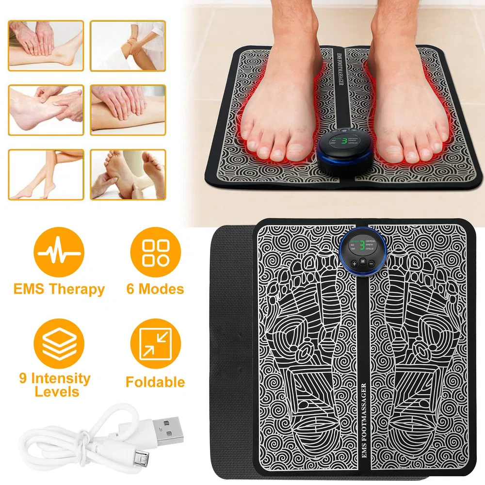 EMS Foot Massage Pad Electric Stimulator Massager Unit Rechargeable Leg Reshaping Muscle Pain Relax Massage Mat W& 6 Modes 9 Intensity Levels