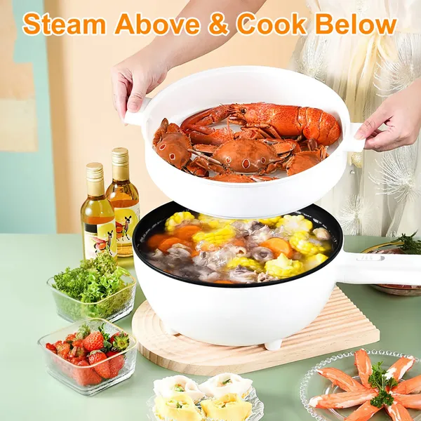 Electric Hot Pot Non-Stick Frying Pan Portable Rapid Noodles Cooker With Long Handle Steamer Spatula Dual Power Control Overheat Dry-Boil Protection For College Dorm Room Essential
