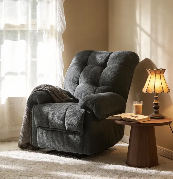Dark Gray Recliner Chair, Overstuffed Armchair, Manual Recliner, Living Room Seating, Reading Chair, Padded Footrest, Home Theater Seating, Ergonomic Lounge Chair, Soft Fabric Recliner, Furniture.