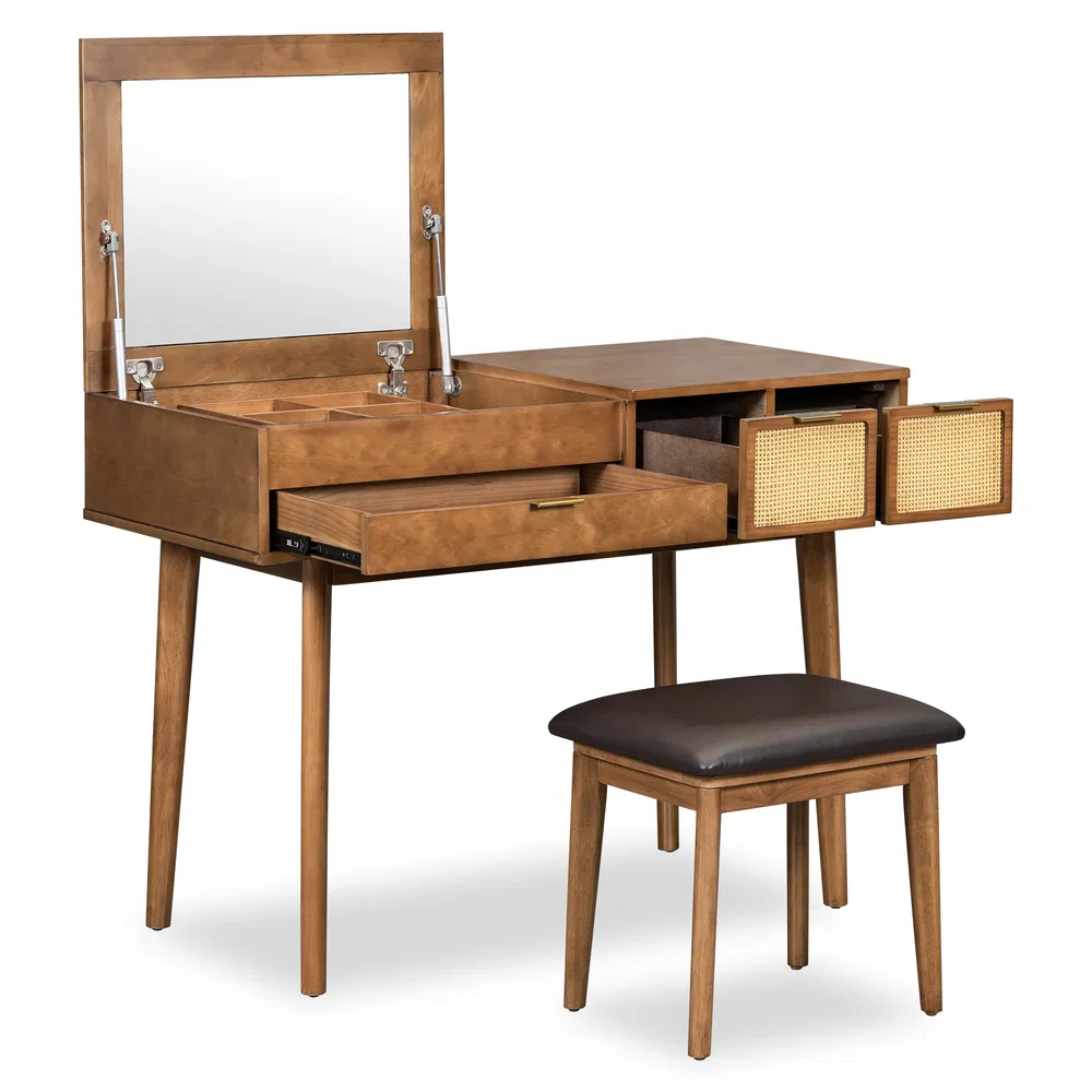 43.3' Classic Wood Makeup Vanity Set With Flip-top Mirror And Stool, Dressing Table With Three Drawers And Storage Space, Brown