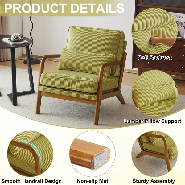 Low Arm Accent Chair – Olive Green Corduroy Upholstered Indoor Lounge Chair, Compact Single Seater With Sturdy Frame – 330LBS Weight Capacity