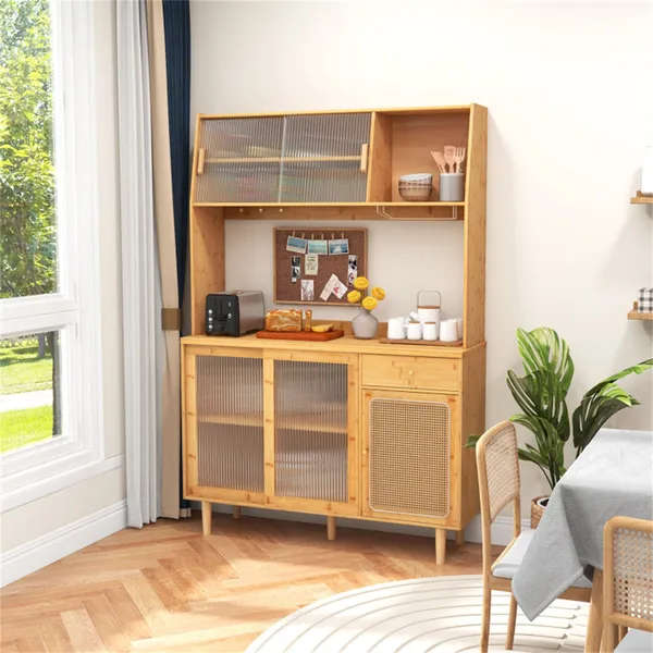 69-Inch Bamboo Kitchen Cabinet With Tempered Glass Doors, Extra Storage Space & Anti-Tilting Design