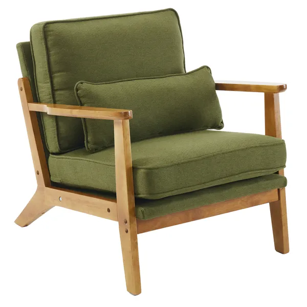 Mid-Century Oak Accent Chair - Linen-Cotton Forest Green Upholstered Single Lounge Chair, Indoor Armchair With Sturdy Wood Frame - 330LBS Weight Capacity