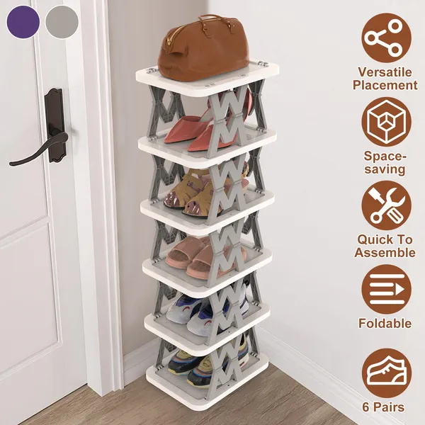 6 Tier Foldable Shoe Rack Vertical Shoe Organizer Narrow Shoe Rack For Small Spaces Space Saving Free Standing For Corner Entryway Hallway Bedroom
