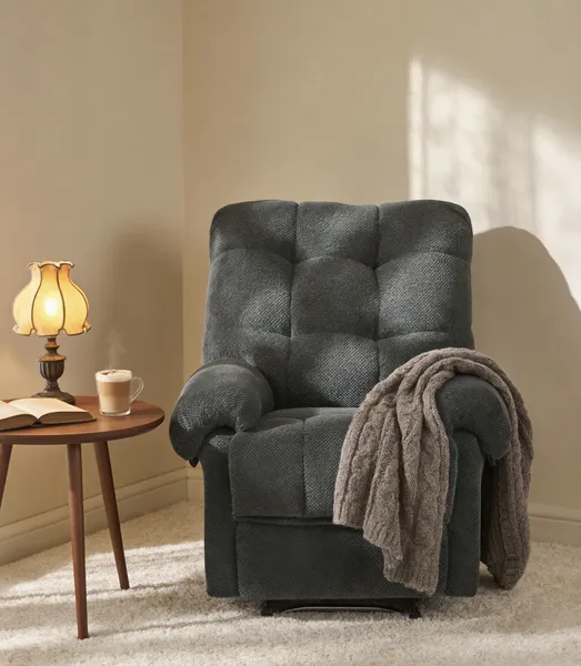 Dark Gray Recliner Chair, Overstuffed Armchair, Manual Recliner, Living Room Seating, Reading Chair, Padded Footrest, Home Theater Seating, Ergonomic Lounge Chair, Soft Fabric Recliner, Furniture.
