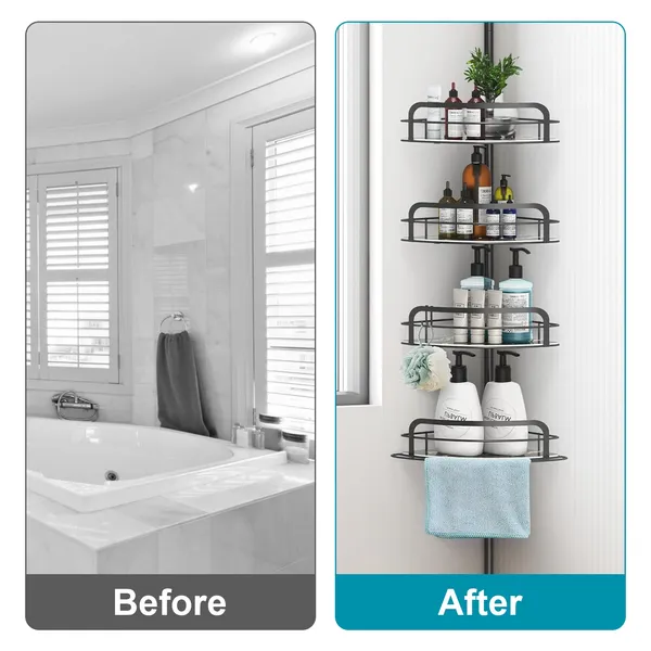 Corner Shower Caddy Tension Pole, Quick Setup, Rust-Free Bathroom Shower Organizer Corner For Bathtub Shampoo Storage, 4-Tier Adjustable Shelf, Drill Free, Fits 8.66 To 116 Inch Height, Black thumbnail 2