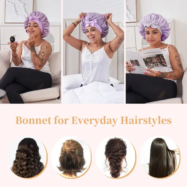 Silk Bonnet For Sleeping Women, Satin Hair Bonnet For Sleeping For Wavy Curly Natural Hair Women Men - Rose Red