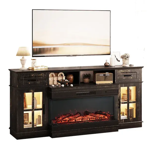 70-inch Black Gold Oak Electric Fireplace TV