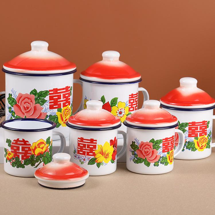 Enamel water cup-white flower with lid-12cm-1200ML-1 piece