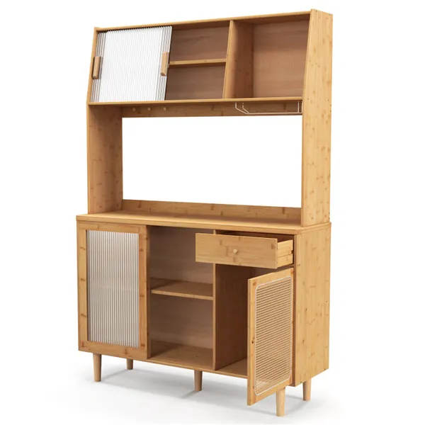 69-Inch Bamboo Kitchen Cabinet With Tempered Glass Doors, Extra Storage Space & Anti-Tilting Design