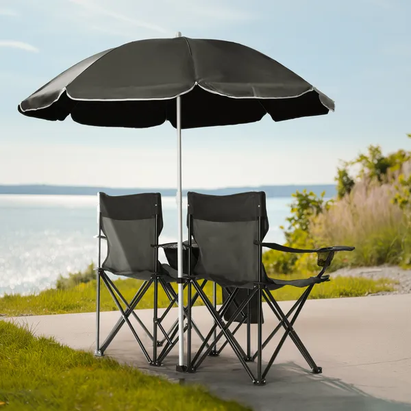 Portable Outdoor 2-Seat Folding Chair With Removable Sun Umbrella Black image 2