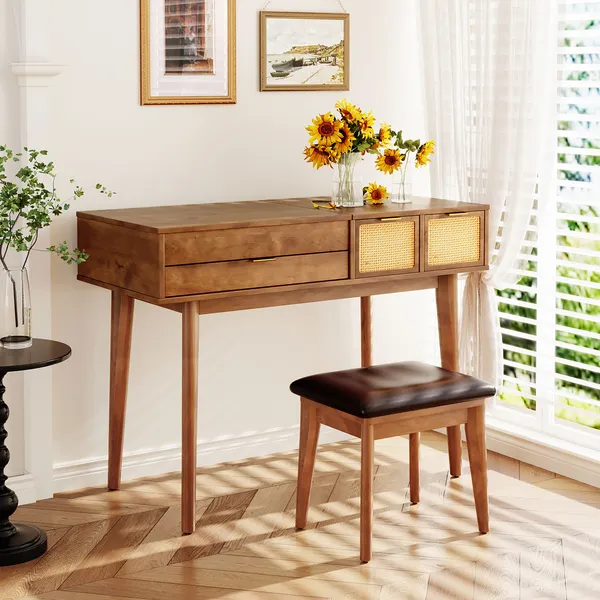 43.3' Classic Wood Makeup Vanity Set With Flip-top Mirror And Stool, Dressing Table With Three Drawers And Storage Space, Brown
