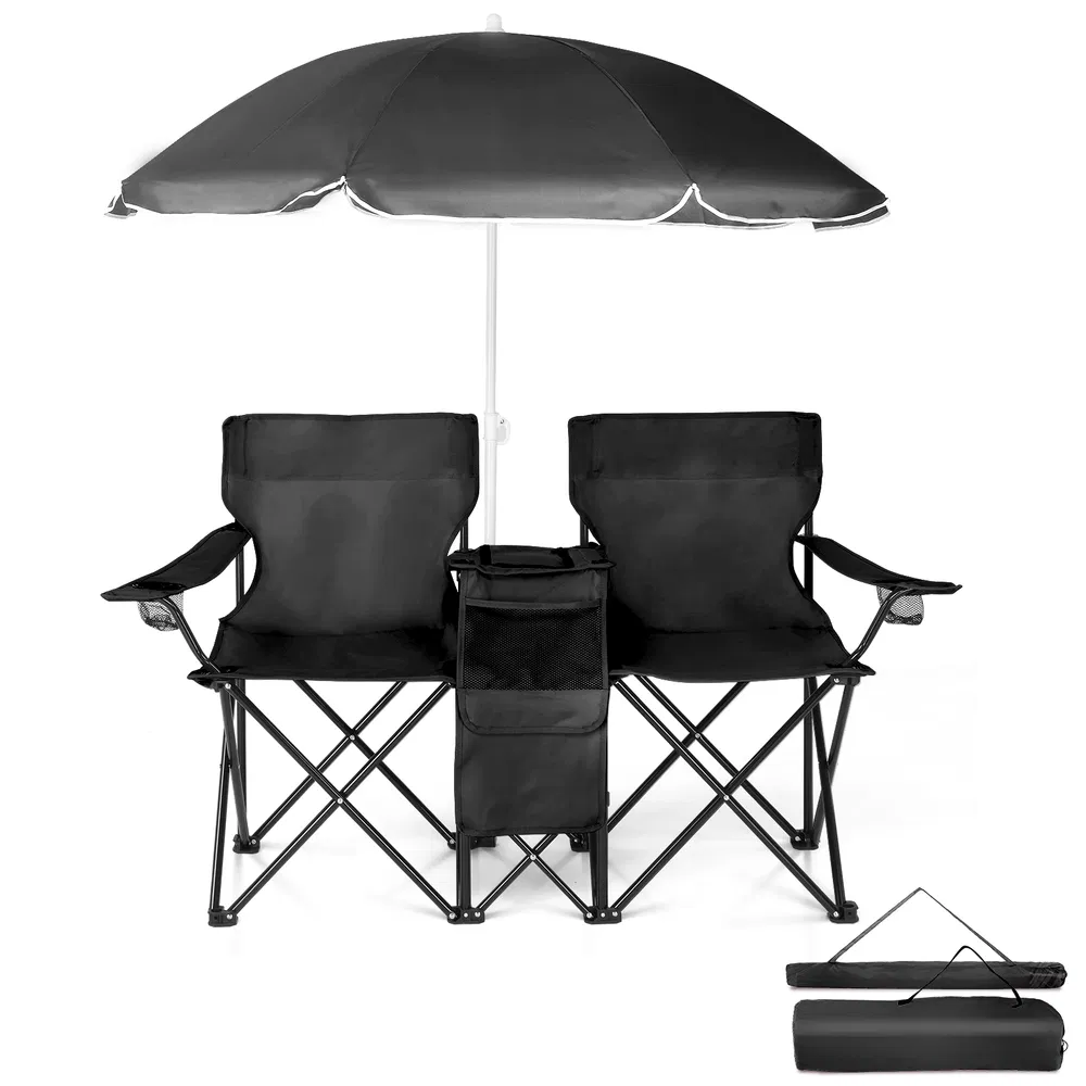 Portable Outdoor 2-Seat Folding Chair With Removable Sun Umbrella Black